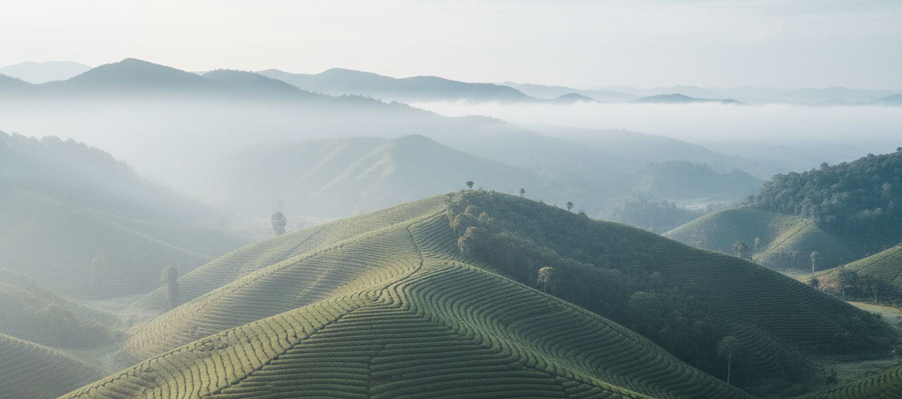 A wide photograph of tea terraces stepping down a ridge in the Cameron Highlands of Peninsular Malaysia in low morning mist, with no people, no readable signs and no logos