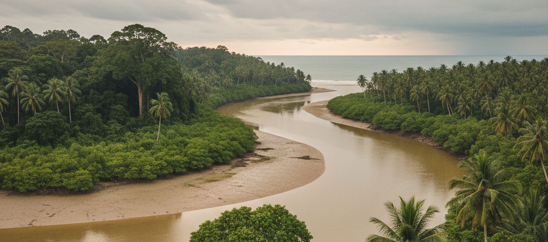 A wide brown river curves through dense rainforest and coconut palms, exposing pale mud banks, and opens to a hazy sea with a thin line of surf under an overcast sky.