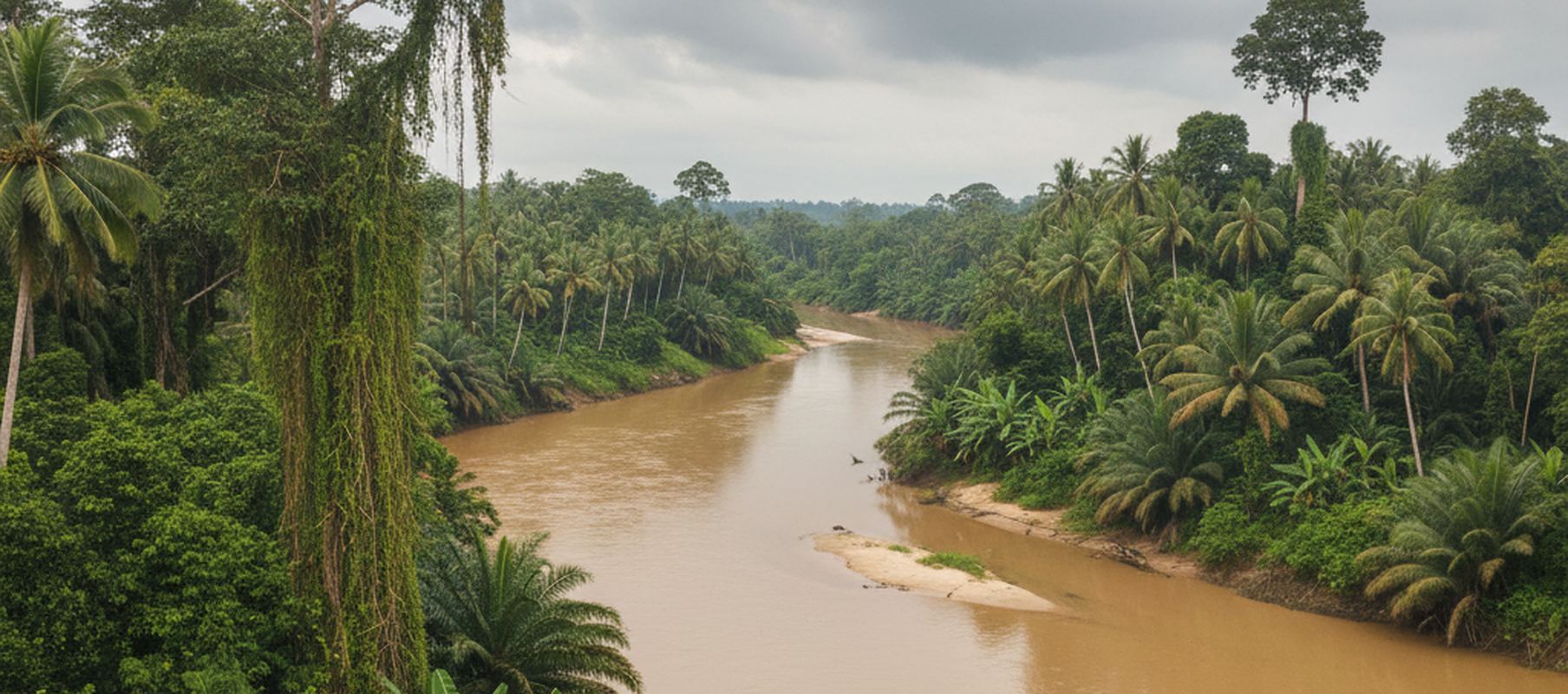 Elevated view of a wide muddy brown river curving between dense palm forest, with a pale sand bar in the channel and vine-draped trees on the near bank under a gray overcast sky.