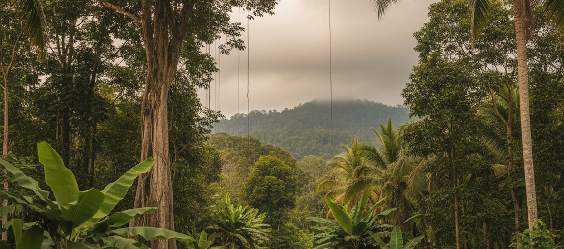 Thin vines hanging from the canopy in front of a broad tree trunk, banana leaves and coconut palms filling the foreground, a forested ridge under low cloud and overcast sky beyond.