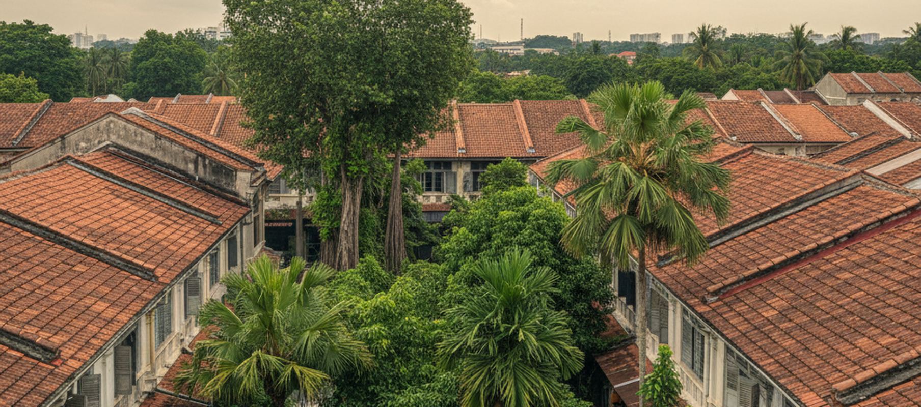 Clay tile roofs stepping over plastered walls with louvered shutters, fan palms and a tall spreading tree filling the courtyard, faint towers on a hazy skyline beyond the canopy