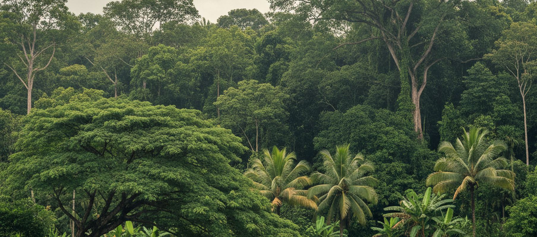 Dense tropical forest canopy under a pale overcast sky, with tall bare gray trunks rising above the green, one wrapped in vines, and feathery palm crowns and broad ribbed leaves below.