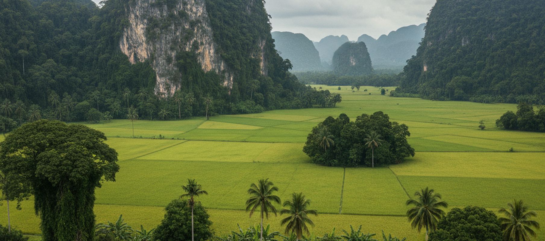 Bare pale rock on a jungle covered karst tower rises over a flat valley of cultivated green squares, with a lone grove of coconut palms out in the fields and hazy summits beyond.
