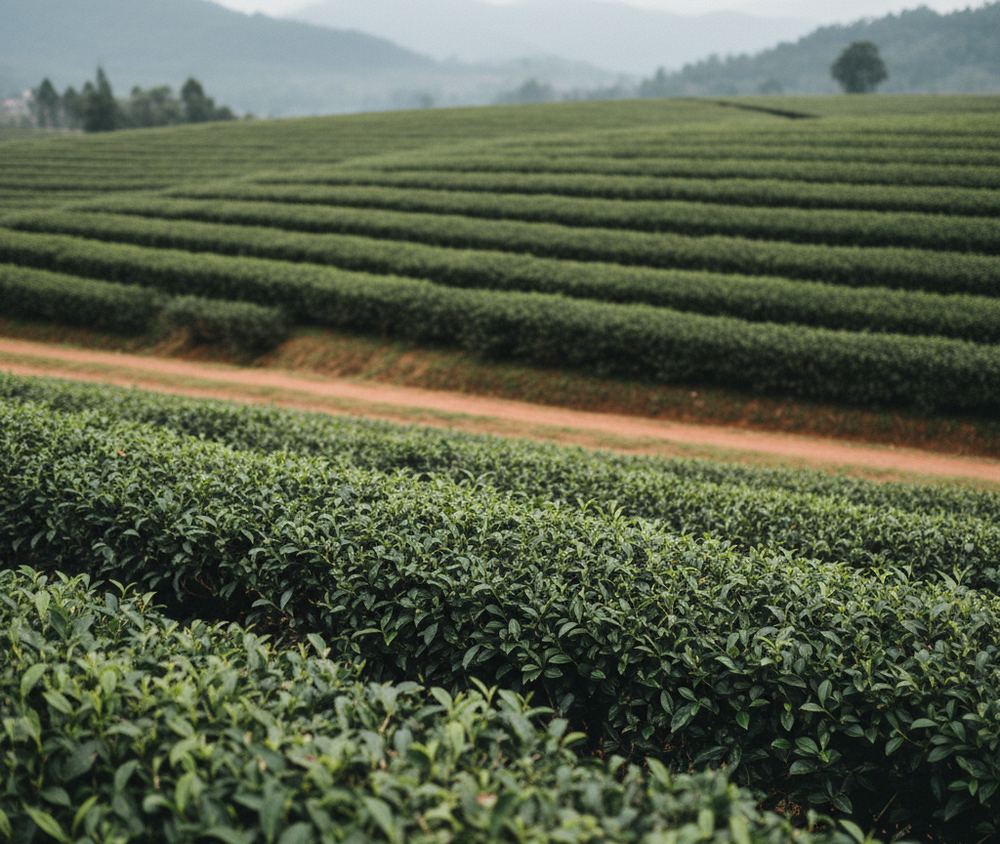 Close rows of clipped tea bushes at waist height following the contour of a hillside, with a narrow earth service track cutting across.