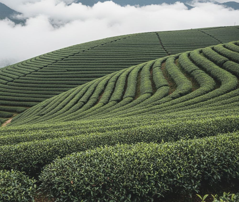 Rows of clipped tea bushes following the contour of a steep slope, cloud sitting on the ridge above them.