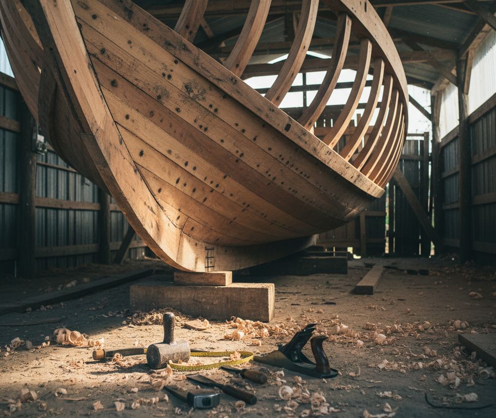 A timber boat frame resting on blocks inside an open sided shed, bare ribs and planking, wood shavings and hand tools across a sand floor, daylight coming in from one end.