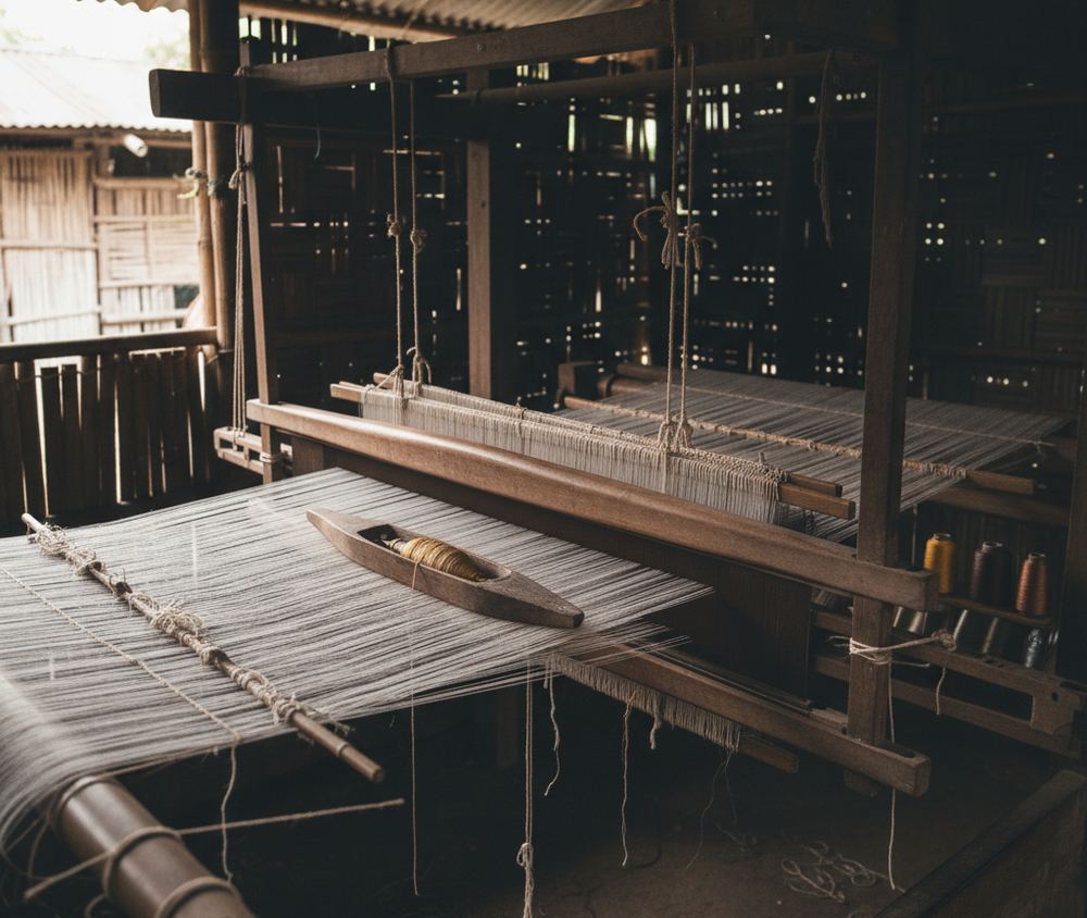 A wooden songket loom strung with fine warp threads, spools of metallic yarn and a shuttle resting across the frame in a shed.