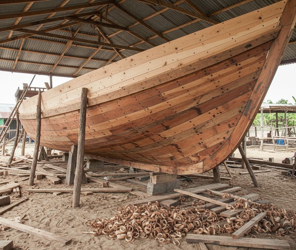 A wooden boat hull planked solid from keel to rail in pale and weathered boards, shored on rough timber posts under an open sided corrugated roof, curled shavings heaped on the sand.