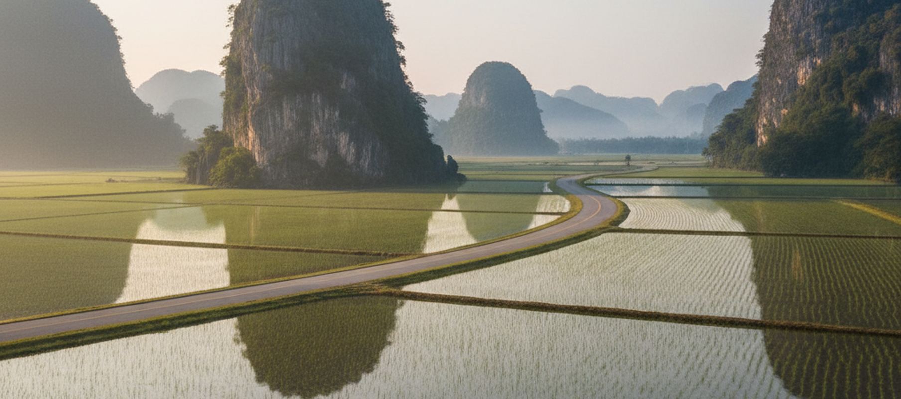 Limestone towers above flooded rice fields in the Kinta valley of Perak in early light, with an empty road curving through the water